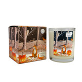 Wholesale, winter illustrated box/label 20cl clear glass votive candle made with natural, soy, vegan wax and fragrance & essential oils. Aroma:  Pumpkin Spice. Illustration: Fox and Pumpkins