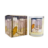 Wholesale, winter illustrated box/label 20cl clear glass votive candle made with natural, soy, vegan wax and fragrance & essential oils. Aroma:  Starry Night - Nutmeg, Orange, Cinnamon. Illustration: Owl & Woods