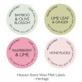 Natural, vegan, paraben-free cupcake wax melts, available in a range of 90 aromas. Made in England. Heritage Style - Heaven Scent Branded Labels
