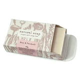 Wholesale, bespoke label, 100g Rose & Patchouli palm free soap bar, made in England in a beautifully illustrated coloured box.