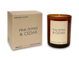Wholesale, bespoke label 20cl amber glass candle made with natural, soy, vegan wax and fragrance & essential oils. Pink Pepper & Cedar