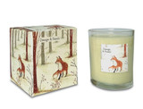 Wholesale, winter illustrated box/label 20cl clear glass votive candle made with natural, soy, vegan wax and fragrance & essential oils. Aroma: Orange & Neroli. Illustration: Fox, trees, snow