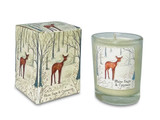 Heaven Scent Willdlife range illustrated box/label 9cl clear glass votive candle made with natural, soy, vegan wax and fragrance & essential oils
 Aroma: White Sage & Cypress. Illustration: Foal, Fawn, Deer, Snow & Trees