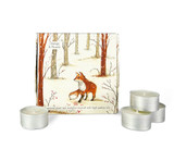 Wholesale, wildlife illustrated box of 9 tealight candles made with natural, soy, vegan wax and fragrance & essential oils. Aroma: Orange & Neroli, Illustration: Red Fox in a winter forest