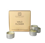 Coloured box of 9 aluminium tealight candles made with natural, soy, vegan wax and fragrance & essential oils. Aroma: Wild Flowers