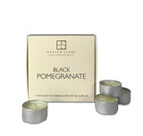 Coloured box of 9 aluminium tealight candles made with natural, soy, vegan wax and fragrance & essential oils. Aroma: Black Pomegranate