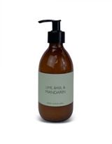 Wholesale, bespoke label 250ml brown glass bottle with pump  vegan hand & body lotion.  Aroma: Lime, Basil & Mandarin