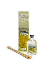 Summer illustrated box/label 100ml clear bottle reed diffuser kit, made with an alcohol-free base blended with essential/fragrance oils. Aroma: Black Pomegranate. Illustration: Windy Cottage.