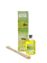 Summer illustrated box/label 100ml clear bottle reed diffuser kit, made with an alcohol-free base blended with essential/fragrance oils. Aroma: Hops & Herb Garden. Illustration: tractor, farm, fields.