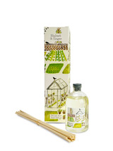 Summer illustrated box/label 100ml clear bottle reed diffuser kit, made with an alcohol-free base blended with essential/fragrance oils. Aroma: Rhubarb & Ginger. Illustration: Greenhouse, allotment.