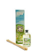 Summer illustrated box/label 100ml clear bottle reed diffuser kit, made with an alcohol-free base blended with essential/fragrance oils. Aroma: Lime Leaf & Ginger. Illustration: Cottage garden, watering can.