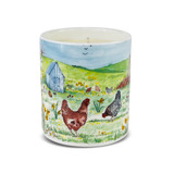 Wholesale, illustrated bone china pot, soy, pharmacy jar candle, blended with fine quality fragrance oils. Picture: Chickens and Shed Aroma: Lime, Basil & Mandarin