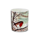 Wholesale, illustrated bone china pot, soy, vegan pharmacy jar candle, blended with fine quality fragrance  oils. Picture: Christmas Robin Aroma: Plum Pudding