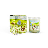 Heaven Scent Illustrated natural, soy (non-paraffin) Candle, wildlife range. Lime, Basil & Mandarin aroma, illustrated with chickens and shed.