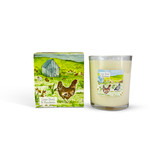 A Heaven Scent 20cl scented candle in a clear glass jar alongside its matching illustrated gift box. Aroma: Lime, Basil & Mandarin; Illustration: Chicken & Shed