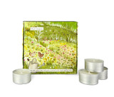 Wholesale, summer illustrated box of 9 tealight candles made with natural, soy, vegan wax and fragrance & essential oils. Aroma: Wild Flower, Illustration: meadow, chickens, watering can