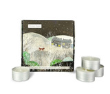 Wholesale, winter illustrated box of 9 tealight candles made with natural, soy, vegan wax and fragrance & essential oils. Aroma: Winter Scent, Illustration: Fox and cottage in the snow