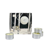 Wholesale, winter illustrated box of 9 tealight candles made with natural, soy, vegan wax and fragrance & essential oils. Aroma: Winter Moon - Shiso, Frankincense & Vetiver, Illustration: Moth & Moon