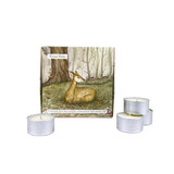 Wholesale, winter illustrated box of 9 tealight candles made with natural, soy, vegan wax and fragrance & essential oils. Aroma: Winter Walks - Winter Scent, Illustration: Sitting Deer