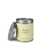 Heaven Scent Natural Soy, Coconut & Rapeseed Candle in a 200ml Tin with Heritage Coloured Labels. Aroma: French Linen