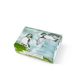 Heaven Scent's new Natural base, triple-milled, cold pressed soaps presented in beautifully illustrated boxes designed by Sarah Pettitt. Aroma: Lime, Basil & Mandarin Illustration: Puffin