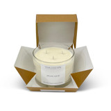 Wholesale, bespoke label large 12x8cm 3-wick candles made with natural, soy, vegan wax and fragrance & essential oils, in a gift box with ribbon.