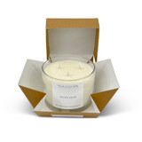 Wholesale, bespoke label large 12x8cm 3-wick matt white candles made with natural, soy, vegan wax and fragrance & essential oils, in a gift box with ribbon.