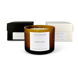 Wholesale, bespoke label large 12x8cm 3-wick amber frosted candles made with natural, soy, vegan wax and fragrance & essential oils, in a gift box with ribbon.