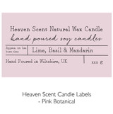 Wholesale, bespoke label large 12x8cm 3-wick candles made with natural, soy, vegan wax and fragrance & essential oils, in a cracker box with ribbon.  Pink Botanical - Heaven Scent Branded Candle Labels