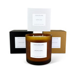 Wholesale, bespoke label large 12x12cm Amber Frost 3-wick candles made with natural, soy, vegan wax and fragrance & essential oils, in a gift box with ribbon.