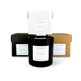 Wholesale, bespoke label large 12x8cm black matt 3-wick candles made with natural, soy, vegan wax and fragrance & essential oils, in a gift box with ribbon.