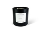 Wholesale, bespoke label large matt black 12x12cm 3-wick candles made with natural, soy, vegan wax and fragrance & essential oils, in a bag with ribbon.