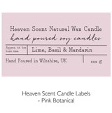 Wholesale, bespoke label large 12x8cm 3-wick candles made with natural, soy, vegan wax and fragrance & essential oils, in a bag with ribbon.  Pink Botanical - Heaven Scent Branded Candle Labels