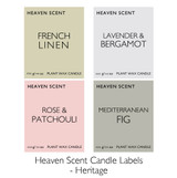 Wholesale, bespoke label large 12x8cm 3-wick candles made with natural, soy, vegan wax and fragrance & essential oils, in a bag with ribbon. Heritage Style - Heaven Scent Branded Candle Labels