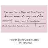 Wholesale, bespoke label large Amber 12x8cm 3-wick candles made with natural, soy, vegan wax and fragrance & essential oils, in a bag with ribbon. Pink Botanical - Heaven Scent Branded Candle Labels