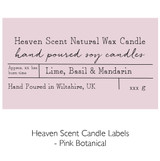 Wholesale, bespoke label large amber frosted 12x8cm 3-wick candles made with natural, soy, vegan wax and fragrance & essential oils, in a bag with ribbon.  Pink Botanical - Heaven Scent Branded Candle Labels