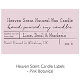 Wholesale, bespoke label large 12x8cm 3-wick candles made with natural, soy, vegan wax and fragrance & essential oils, in a plain box. Pink Botanical - Heaven Scent Branded Candle Labels