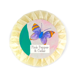Heaven Scent's natural 45g vegan, natural pebble soaps are made in the UK and complement our Jungle Illustrated range of candles and diffusers. Aroma: Pink Pepper & Cedar;  Illustration: Jungle Butterfly