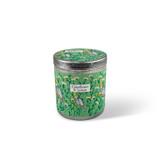Heaven Scent Natural Soy, Coconut & Rapeseed Candle in a 200ml Tin with an illustrated  label. Aroma: Elderflower & Lemon; illustration: Cockatiels