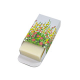 Heaven Scent's new Natural base, triple-milled, cold pressed soaps presented in beautifully illustrated boxes designed by Sarah Pettitt. Aroma: Rose & Patchouli; Illustration: Cottage Garden, Hollyhocks