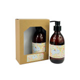 Heaven Scent Vegan Hand Lotion & Body Wash gift set with Sarah Pettitt's beautiful illustrated Summer Range labels. Illustration: Garden Picnic, Scent: Lime, Basil & Mandarin