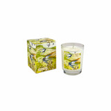 A Heaven Scent 9cl scented votive candle in a clear glass jar alongside its matching illustrated gift box. Both the candle label and the box feature. Aroma: Herb ; Illustration: Breezy Days