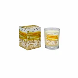 A Heaven Scent 9cl scented votive candle in a clear glass jar alongside its matching illustrated gift box. Both the candle label and the box feature. Aroma: Pumpkin Spice; Illustration: Running Hares