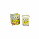 A Heaven Scent 9cl scented votive candle in a clear glass jar alongside its matching illustrated gift box. Both the candle label and the box feature. Aroma: Rosehip; Illustration: Summer Meadows, Owl & Foxgloves