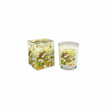 A Heaven Scent 9cl scented votive candle in a clear glass jar alongside its matching illustrated gift box. Both the candle label and the box feature. Aroma: Bergamot, Lemon & Grapefruit; Illustration: Primrose Lane