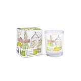 A Heaven Scent 9cl scented votive candle in a clear glass jar alongside its matching illustrated gift box. Both the candle label and the box feature. Aroma: Rhubarb & Ginger ; Illustration: Greenhouse & Allotments