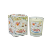 A Heaven Scent 9cl scented votive candle in a clear glass jar alongside its matching illustrated gift box. Both the candle label and the box feature. Aroma: Mediterranean Fig & Olive; Illustration: Sweet Figs