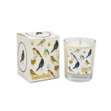A Heaven Scent 9cl scented votive candle in a clear glass jar alongside its matching illustrated gift box. Both the candle label and the box feature. Aroma: Bergamot & Lemon; Illustration: British Garden Birds