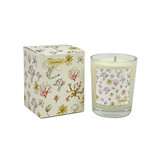 A Heaven Scent 9cl scented votive candle in a clear glass jar alongside its matching illustrated gift box. Both the candle label and the box feature. Aroma: Sea Salt & Spray; Illustration: Seaweed