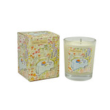 A Heaven Scent 9cl scented votive candle in a clear glass jar alongside its matching illustrated gift box. Both the candle label and the box feature. Aroma: Lime, Basil & Mandarin; Illustration: Garden Picnic
